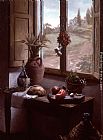 Maureen Hyde Canvas Paintings - Still Life with a View ( Interior with Landscape through a Window)